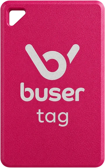 A buser tag: etiqueta rosa com a marca Buser e furo para chaveiro no canto superior.